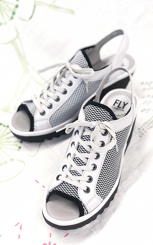 6002354   Yedu White/Black Lace-Up Wedge Leather Sandals by Fly London