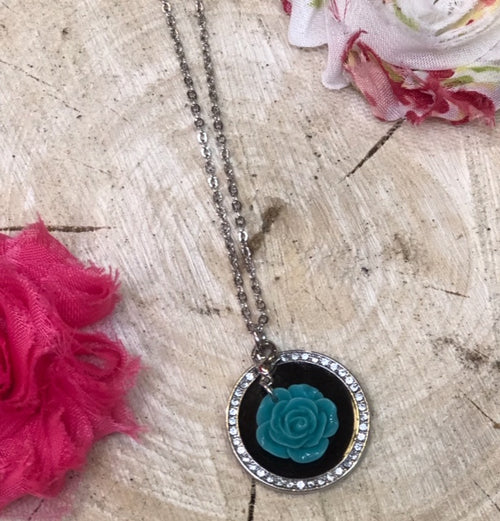 TB-140   Black Bling Necklace w/ Turquoise Rose Charm
