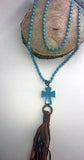 98745   Turquoise Cross w/ Leather Tassel Necklace by Art by Amy