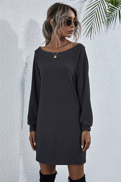 Waffle-Knit Boat Neck Mini Dress - ONLINE EXCLUSIVE!
