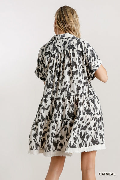 Jana Animal Print Collared Split Neck Tiered Dress w/ Frayed Hem - Reg & Plus!