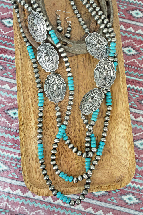 Concho Mountain Turquoise & Silver Pearl Necklace & Earring Set