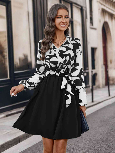 Deondra Contrast Notched Tie Front Long Sleeve Dress - ONLINE EXCLUSIVE!