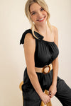 5932 Melinda Mono negro con un hombro al descubierto y lazo