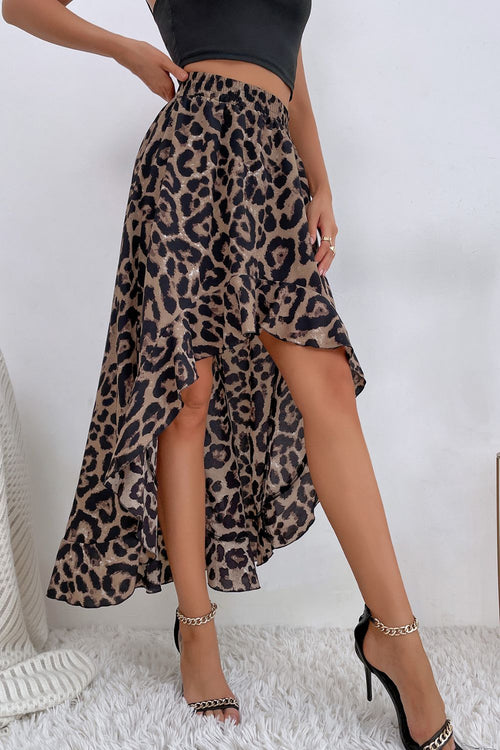 Falda asimétrica con dobladillo con volantes de leopardo - ¡EXCLUSIVO EN LÍNEA!
