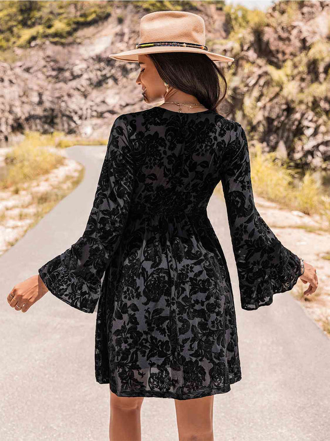 Sheryl Floral V-Neck Flare Sleeve Mini Dress - PERFECT FOR A HOLIDAY WEDDING!