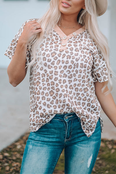 Leopard Buttoned Short Flounce Sleeve T-Shirt - ONLINE EXCLUSIVE!
