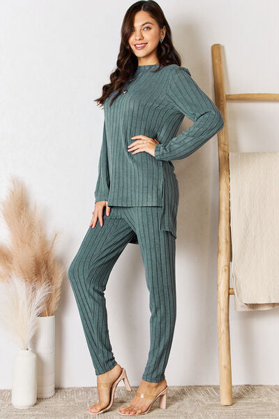 Anny Ribbed Round Neck High-Low Slit Top and Pants Set