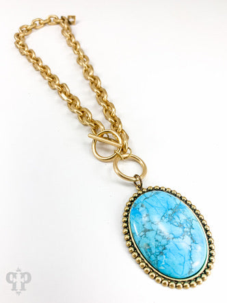 1N380BTC   Large Bronze Oval Turquoise Cabochon Necklace