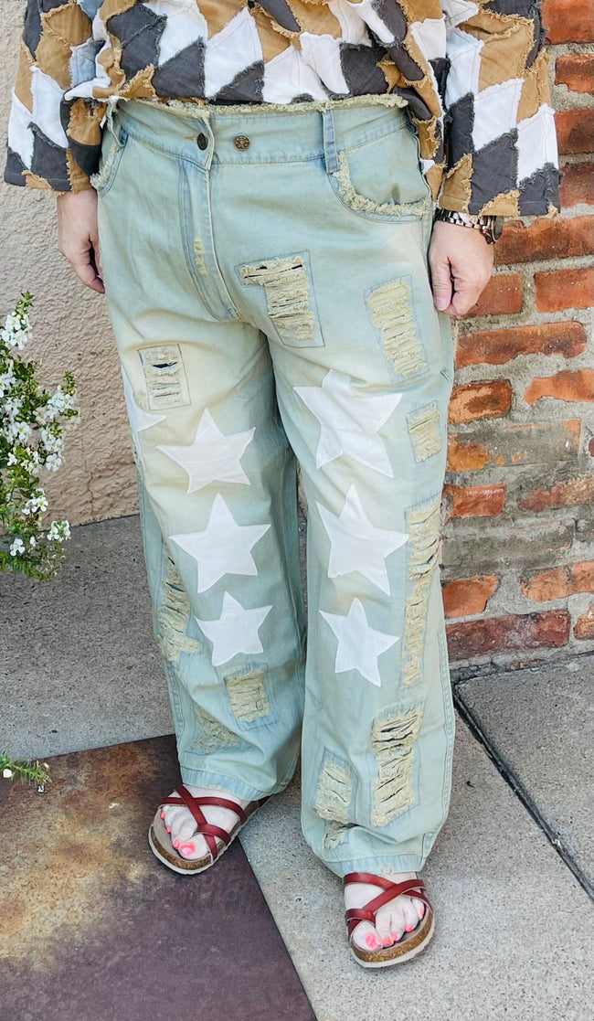Vintage Wash Distressed Star Jeans from Paper Lace