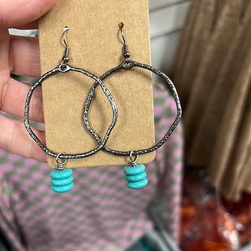 Silver Hoop Earrings w/ Turquoise Disc Dangles