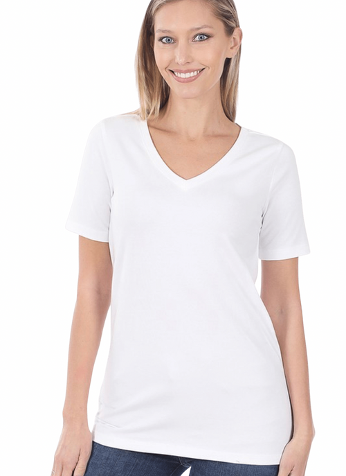 1009   White Cotton V-neck Basic T-Shirt