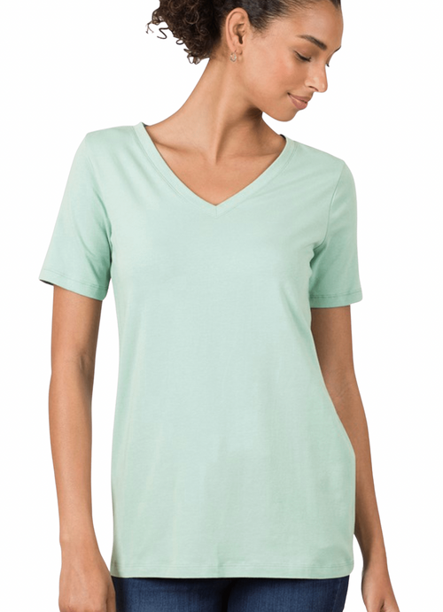 1009 Lt Camiseta básica de algodón con cuello de pico verde