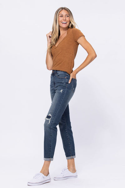 88317   Takara High Rise Destroyed Knee Patch Boyfriend Judy Blue Jeans