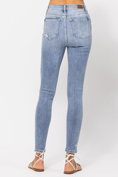 82293 Kady Hi-Rise Bleach Splash Destroyed Skinny Judy Blue Jeans – True  Betty Boutique