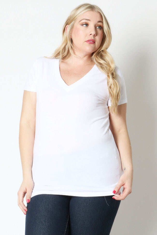 1009 Camiseta básica de algodón con cuello en V blanca