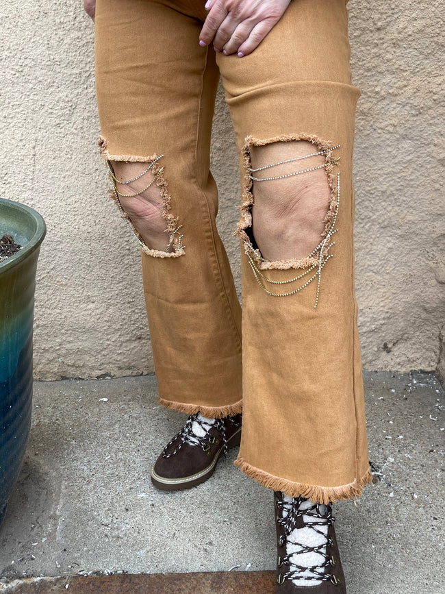 Beatrice Distressed Washed Stretch Twill Hi-Rise Rhinestone Fringe Denim Jeans