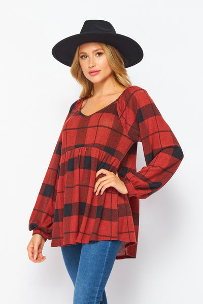 Monica Red Plaid Bubble Sleeve Top