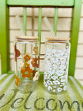 13835   Glass Cold Coffee Tumbler w/ Glass Straw - Vintage Floral Pattern