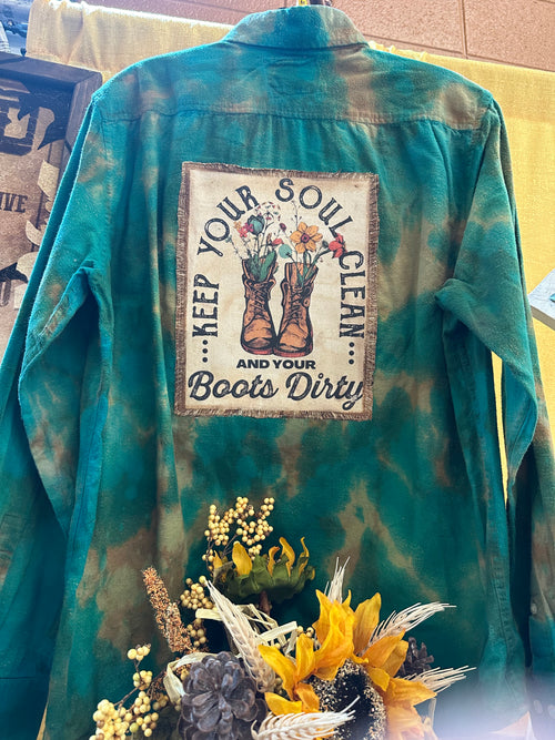 Jenny Keep Your Soul Clean & Your Boots Dirty Artist Created Bleached Flannel Shirt