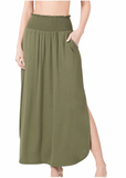 8301   Dori Smocked Waist Side Slit Maxi Skirt w/ Pockets