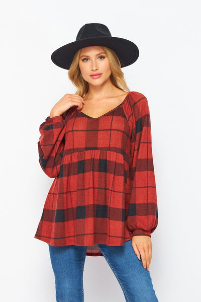 Monica Red Plaid Bubble Sleeve Top