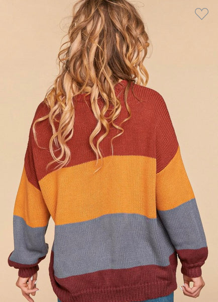 2539 Alicia Suéter holgado con cuello redondo y manga de burbuja con bloques de color