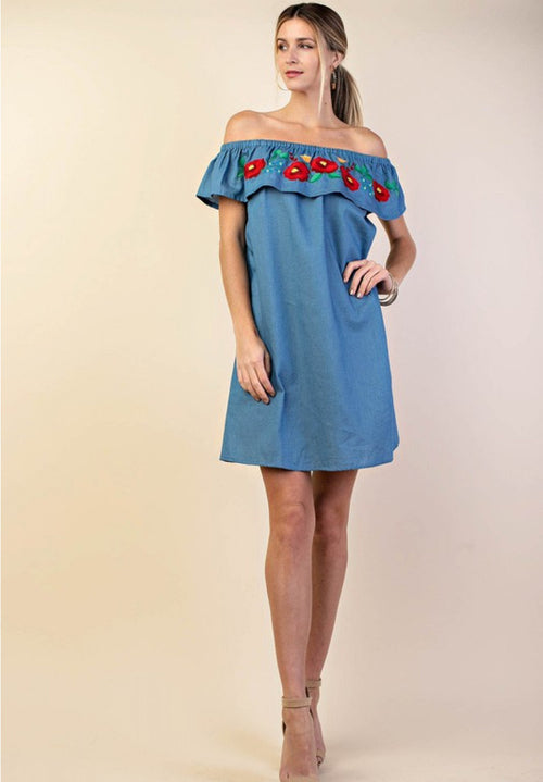 5720   Tizia Embroidered Off-Shoulder Ruffle Dress