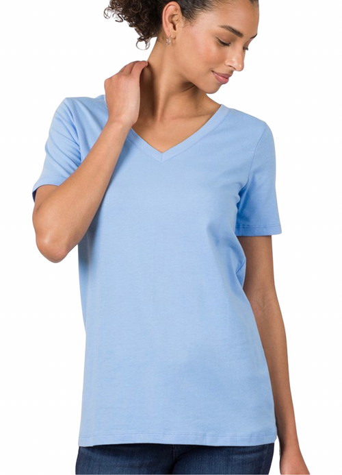 1009   Spring Blue Cotton V-neck Basic T-Shirt