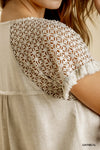 5368   Rhonda Linen Blend Floral Cutout Sleeve Top - Reg & Plus