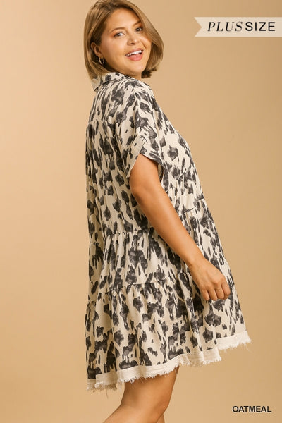 Jana Animal Print Collared Split Neck Tiered Dress w/ Frayed Hem - Reg & Plus!