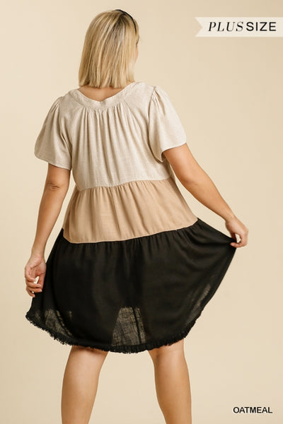 Sarah Linen Blend Color Block Dress w/ Frayed Hem - Reg & Plus!